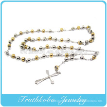 Moda Beckham Jesus Cross Dos tonos 6 mm chapado en oro y cuentas de acero Rosario Collar de acero inoxidable colgante